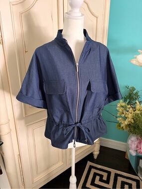 Zara Women's Navy Zip-Front Short Sleeve Shirt/ Jacket with Drawstring